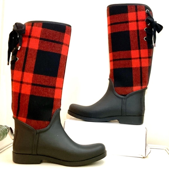 Coach Tristee Back Lace Up Fleece Lined Buffalo Plaid Rain Rubber Boots Size 10B - Picture 11 of 16